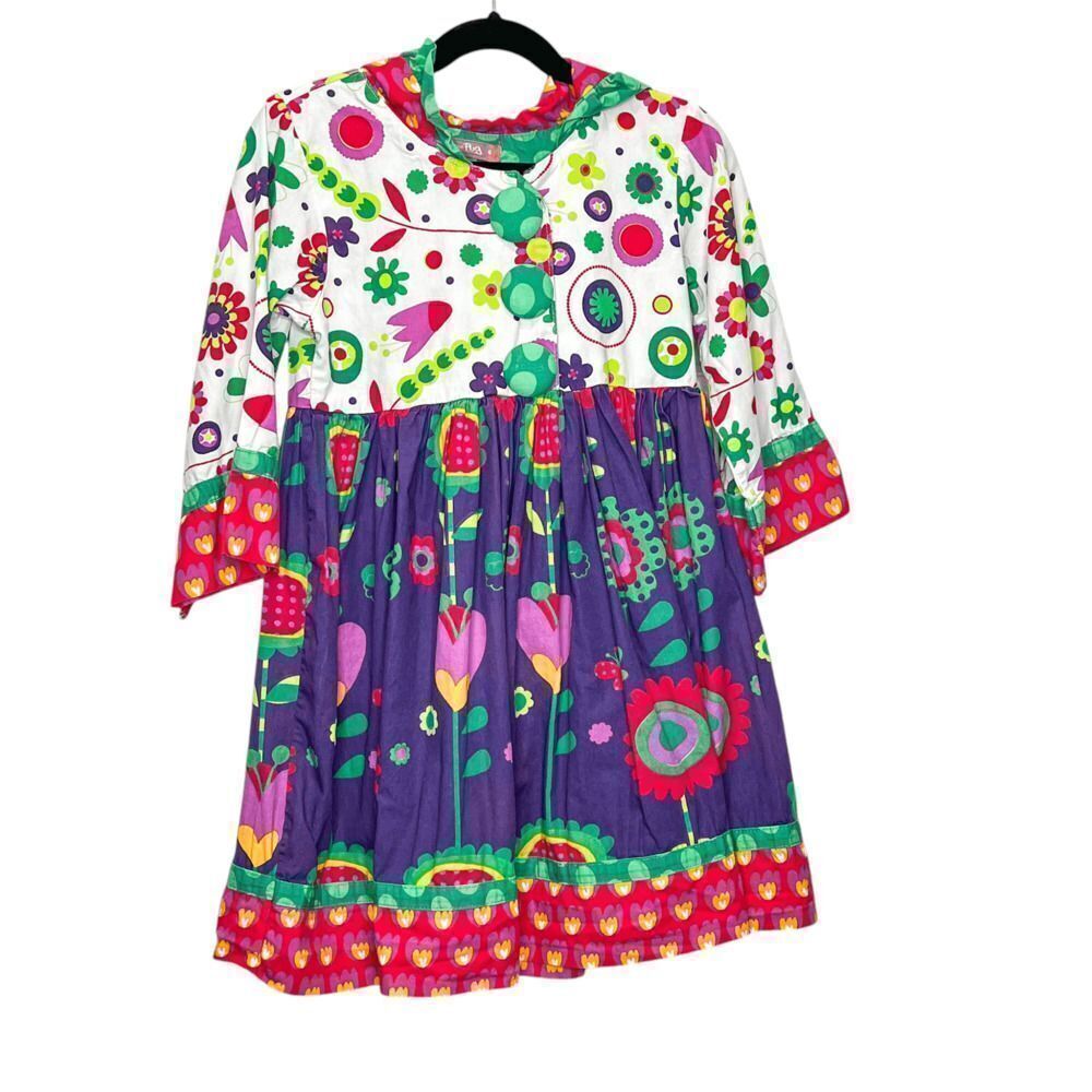 Jelly The Pug Girls Spring Floral Hooded Ruffle Tunic Dress Size 6